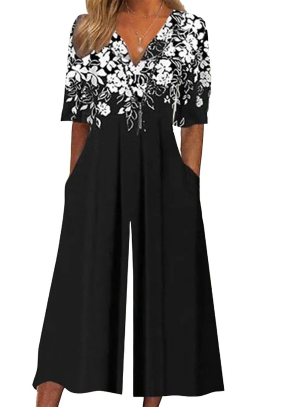 Women's Boho Floral Print V Neck Short Sleeve Wide Leg Jumpsuit & Pockets